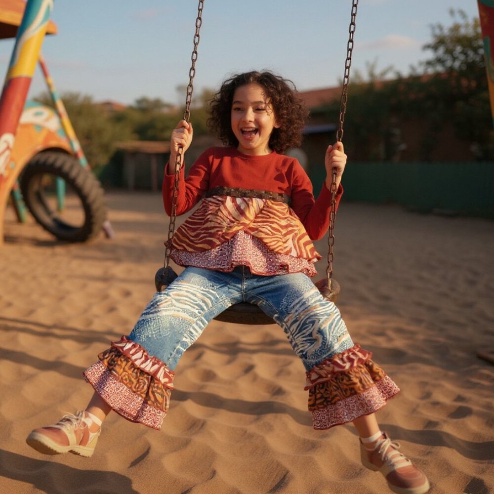 Little Mass Girls Outfit 6 Brown Ruffle Top & Blue Flare Jeans Y2K 2000s Boho